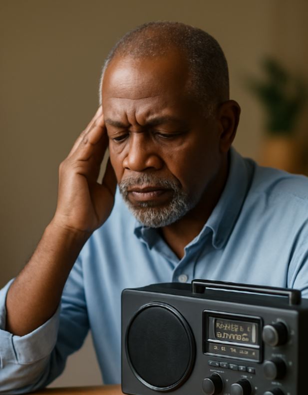 Black senior man near radio or speaker, touching temple