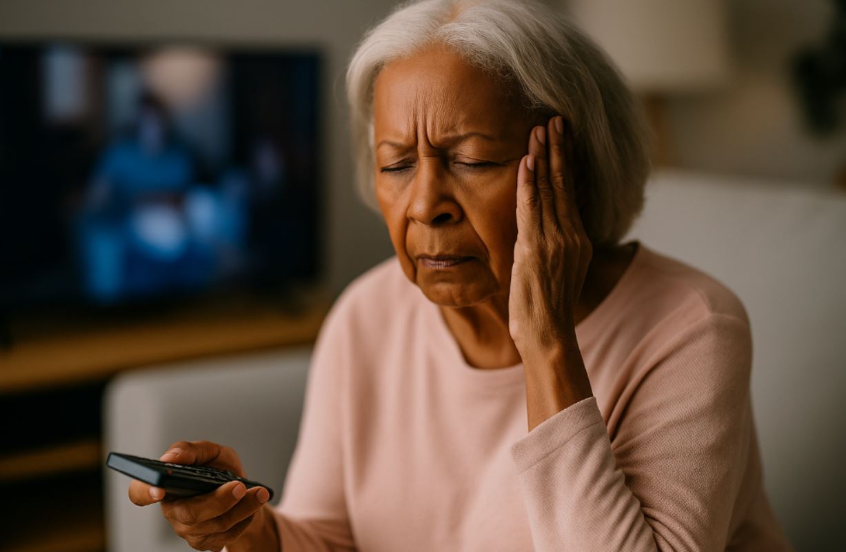 Black senior woman in living room with TV on