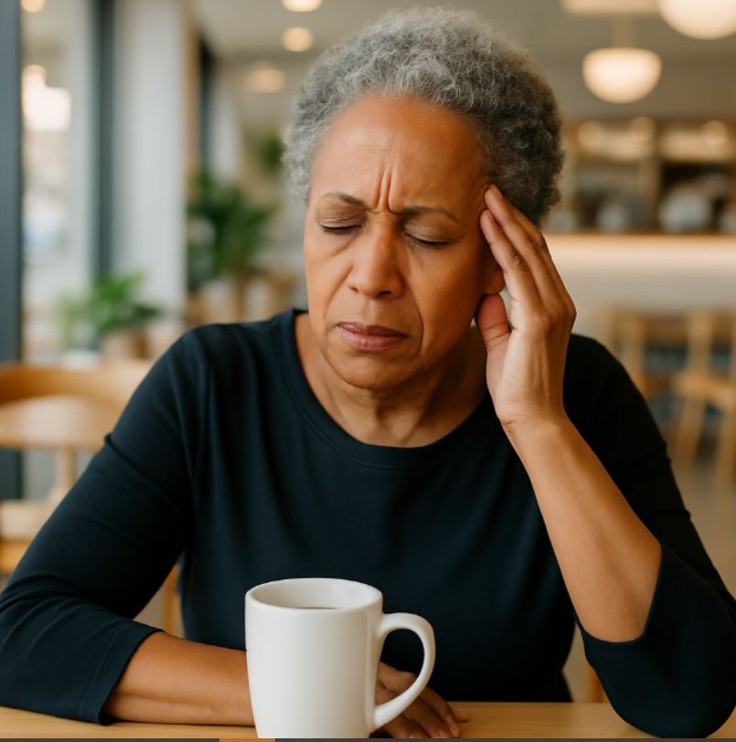 Black senior woman in café with background chatter