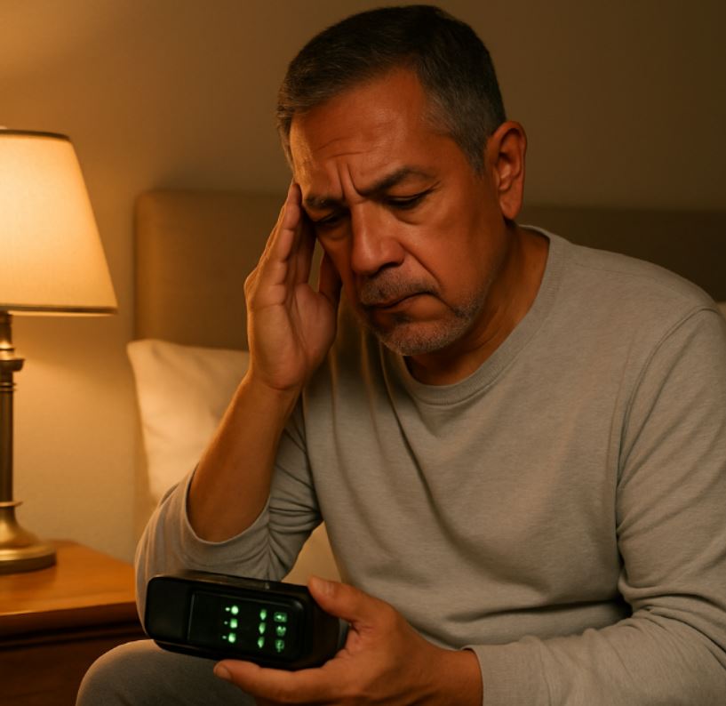 Hispanic senior man awake at night, checking clock