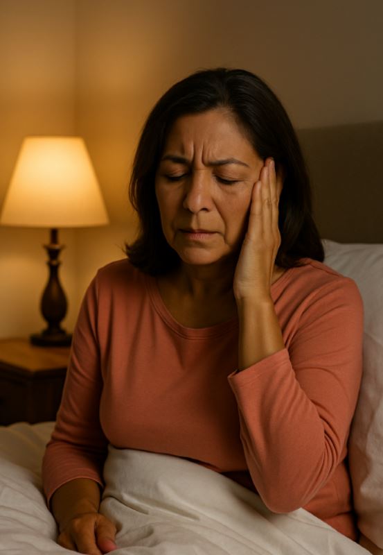 Hispanic senior woman in bedroom, bedside lamp on