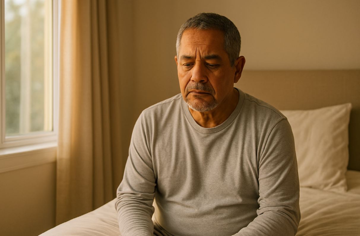 Hispanic senior man by window in the morning, tired expression